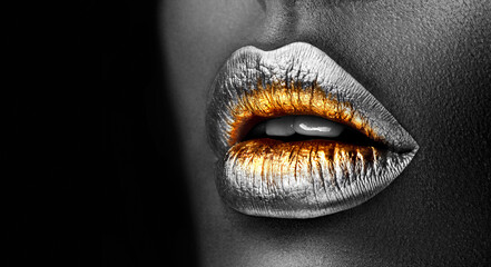 Poster - golden lipstick closeup. silver with gold metal lips. beautiful makeup. sexy lips