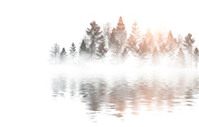 Winter Abstract Landscape. Sunlight In The Winter Forest. Abstract Forest Landscape, Trees On The River Bank, Reflection In The Water. Snow, Winter, Smoke, Smog. 3D Illustration