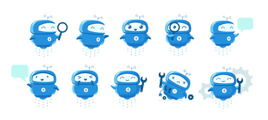 little flying robot mascot character set. support service-center. chat bot. search with magnifying. 