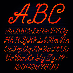Poster - Stripy italic font. Alphabet of ornate capital and lowercase letters with digits and punctuation marks.