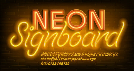 Aufkleber - Neon alphabet font. Yellow neon light letters and numbers. Brick wall background. Stock vector typescript for your design.