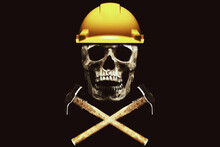 Human Skull Wearing Yellow Construction Worker Helmet With Hammers. Isolated On Black. Dangers Of This Line Of Work. Deadly Accident Concept.