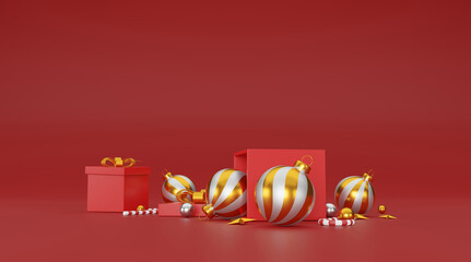 merry christmas and happy new year background with festive decoration and copy space. 3D illustration