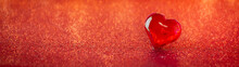 The Red Heart Shapes On Abstract Red Glitter Background. Love Concept For Valentines Day.