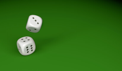 Two white dice on green gaming table with space for text and images, 3d illustration. Concept of online and offline betting, gaming and gambling.