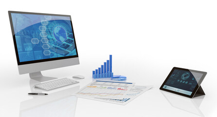 Fototapete - Computer, laptop and economic data charts isolated on white background. 3d illustration of financial technology services. Concept about mobile banking, trading, accounting and fintech