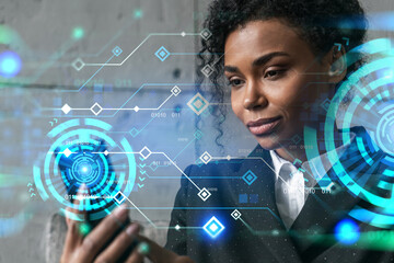 Businesswoman typing phone, work in modern office on new project. Technology hologram. Double exposure. Concept of success.