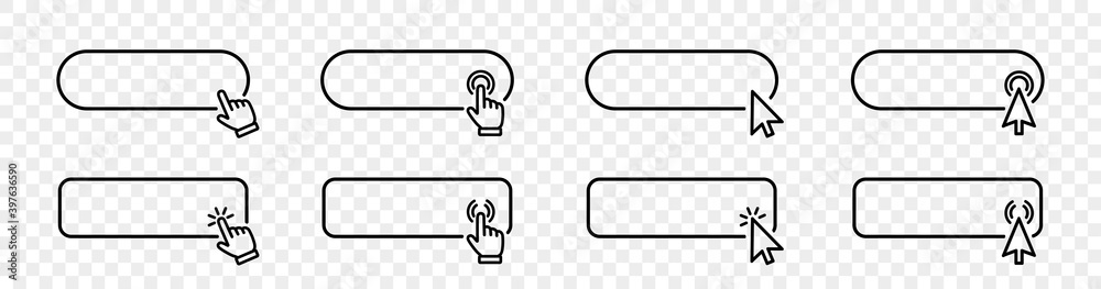 Click cursor set button with hand pointer clicking. Click here web button sign. Isolated website buy or register bar icon with hand finger arrow clicking cursor – stock vector - obrazy, fototapety, plakaty 