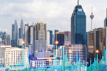 Wall Mural - Financial stock chart hologram over panorama city view of Kuala Lumpur. KL is the business center in Malaysia, Asia. The concept of international transactions. Double exposure.