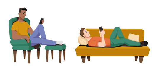 Aufkleber - Guys lying and sitting on couch or armchair at home isolated. Vector teenager boy uses smartphone, browsing or chatting, texting or watching videos. Person with cellphone, guy communicating by mobile