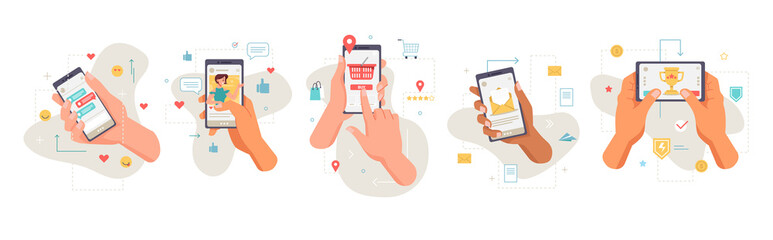 Poster - Smartphones screens showing applications, isolated set of icons of hands with mobile phones. Shopping and social media, networks and games. Entertainment and chatting online, vector in flat style