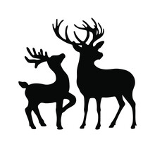 Vector Black All Body Deer Stag Reindeer With Antlers.Outline Silhouette Stencil Drawing Illustration Isolated On White Background .Sticker.T Shirt Print.Plotter Cutting. Laser Cut. Christmas Decor