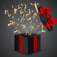 Opened black gift box with red ribbon and bow and serpentine on a dark background. View from above. Template for the design of your presentation, banner, brochure or poster. Vector illustration