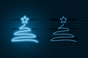 Aufkleber - Neon light sign of Christmas tree. Blue glowing neon fir-tree with star with on and off versions. Vector illustration.