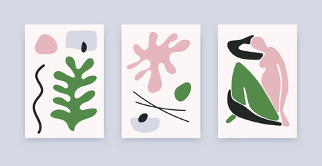 Wall Mural - abstract contemporary posters. matisse inspired organic shapes, floral art collage set, hand drawn d