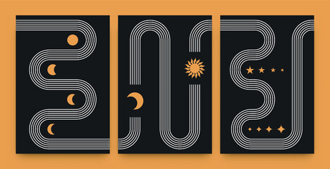 Abstract boho art posters. Contemporary line design sun stars moon phases, mid century bohemian wall decor, vector illustration