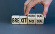 © Dzmitry - Brexit no deal symbol. Hand turns a cube and changes the words 'brexit no deal' to 'brexit with deal'. Beautiful grey background. Business and brexit deal concept. Copy space.