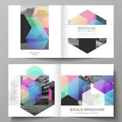 Wall Mural - vector layout of two covers templates with colorful hexagons, geometric shapes, tech background for 
