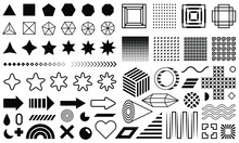 Vector Set Of Geometric Black Design Elements. Memphis Collection. Flat Shapes. Memphis Patterns, Dots, Waves, Zigzags, Arrows, Flowers Isolated On White Background. 