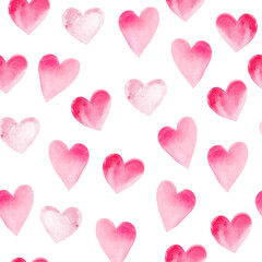 Wall Mural - Seamless pattern with watercolor hearts on white background