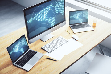 Aufkleber - Abstract creative world map with connections on modern laptop screen, international trading concept. 3D Rendering
