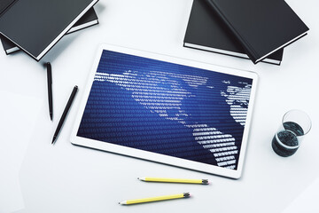 Poster - Modern digital tablet display with graphic America map, global technology concept. Top view. 3D Rendering