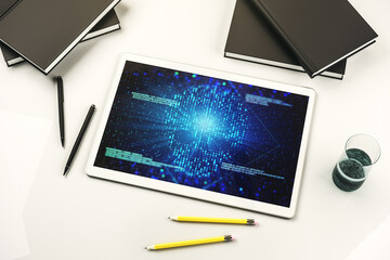 Poster - Creative code skull sketch on modern digital tablet screen, theft of personal data and malware concept. Top view. 3D Rendering
