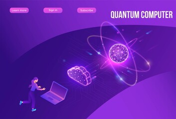 Quantum computer futuristic processor, chip with network, people work on laptop, isometric vector illustration, glowing purple design, innovation cloud computing technology