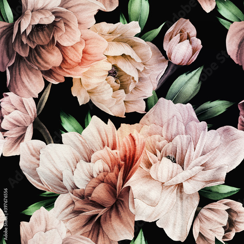 Plakat na zamówienie Seamless floral pattern with peonies flowers on summer background, watercolor illustration. Template design for textiles, interior, clothes, wallpaper