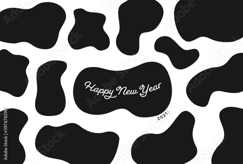 シンプルな21年の干支 牛の模様とhappy New Yearのロゴ入りハガキサイズ年賀状素材 黒の牛柄 白バック Stock Vector Adobe Stock
