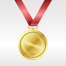 Realistic Golden Medal On Red Ribbon: Award For First Place In Competition