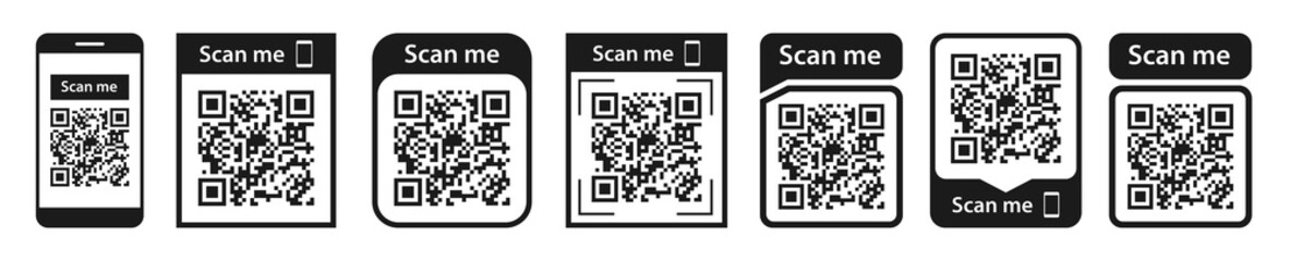 QR code set. Scan qr code icon. Template scan me Qr code for smartphone. QR code for mobile app, payment and phone. Vector illustration.