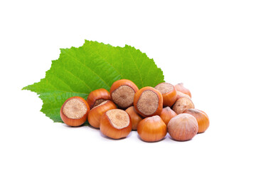 Poster - natural hazelnuts with leaf isolated on white
