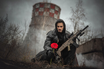 Wall Mural - Post apocalypse soldier with a rifle concept.