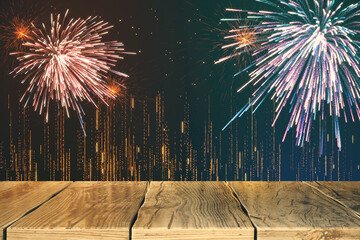 Wall Mural - Empty wooden surface and fireworks.