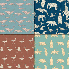 Wall Mural - Low poly bear, flamingo, whale, elephant. Polygon animal. Geometric seamless pattern set