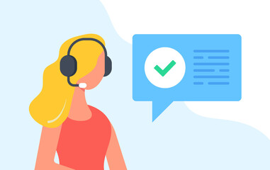 Wall Mural - Customer service representative and message with check mark. Technical support, confirmation, solution, call center, online help concepts. Woman with headset. Modern flat design. Vector illustration