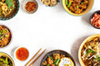 Asian food on painted background, Close up photo of dishes for restaurants with Japanese Chinese and Thai food with native space 