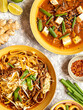 Asian food on painted background, Close up photo of dishes for restaurants with Japanese Chinese and Thai food with native space 
