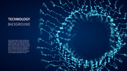 Poster - Particles structure backdrop for research article. HUD elements. Blockchain, artificial intelligence, big data technology. Data base, hybrid energy and binary code. Vector illustration
