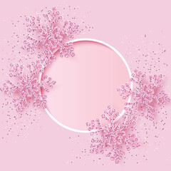 Wall Mural - elegant and cute christmas background with shiny pink snowflake and white circle frame on pink backg