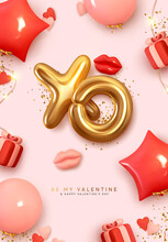 Valentines Day Poster. Romantic Creative Background Realistic 3d Festive Decorative Objects, Red Lips, Heart Shaped Balloons, XO Symbol, Falling Gift Box, Glitter Gold Confetti. Holiday Web Banner