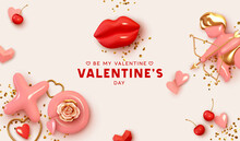 Valentines Day Festive Background On February 14. Holiday Decor Realistic 3d Objects, Love Angel Cupid, Red Lips, XO Symbol, Pair Of Cherries, Render Shape Heart, Realism Design Banner And Web Poster.
