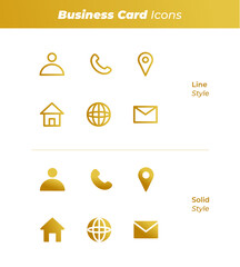 golden business card icons set in line style and solid style. icon consists of name, telephone, loca