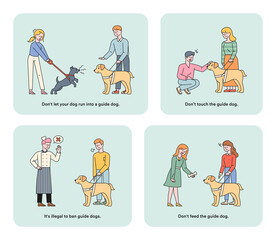 Poster - Information illustration for guide dogs for the visually impaired. Prohibited rules and social issues. flat design style minimal vector illustration.