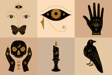 Set Of Witch Icons Collection Featuring Horus Eye, Crow, Palm, Candle And Mystic Face Illustration.