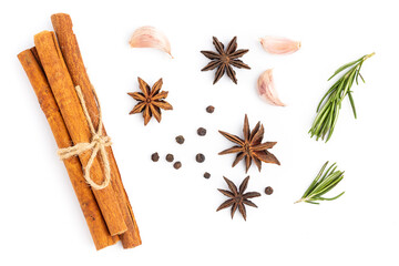 Wall Mural - anise star with cinnamon stick ,Garlic and Pepper isolated on white background