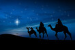 Christmas nativity scene of 3 wise men, following the big star to Bethlehem