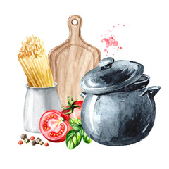 Cookig concept. Pan, cutting Board, Italian pasta and vegetables and spices. Watercolor hand drawn illustration, isolated on white background