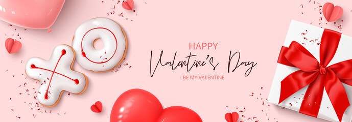 Happy Valentine's Day holiday banner. Holiday background with realistic XO cookies, paper hearts, gift box, balloons and confetti. Vector illustration with 3d decorative object for Valentine's Day.